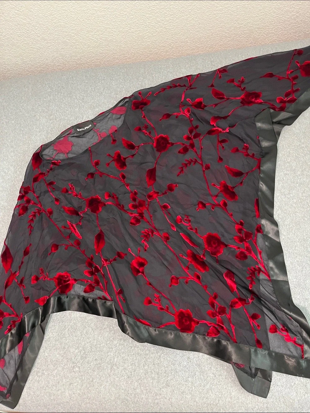 Black Sheer Poncho Coverup Red Velvet Floral Burnout Large Whimsigoth Dark Vamp